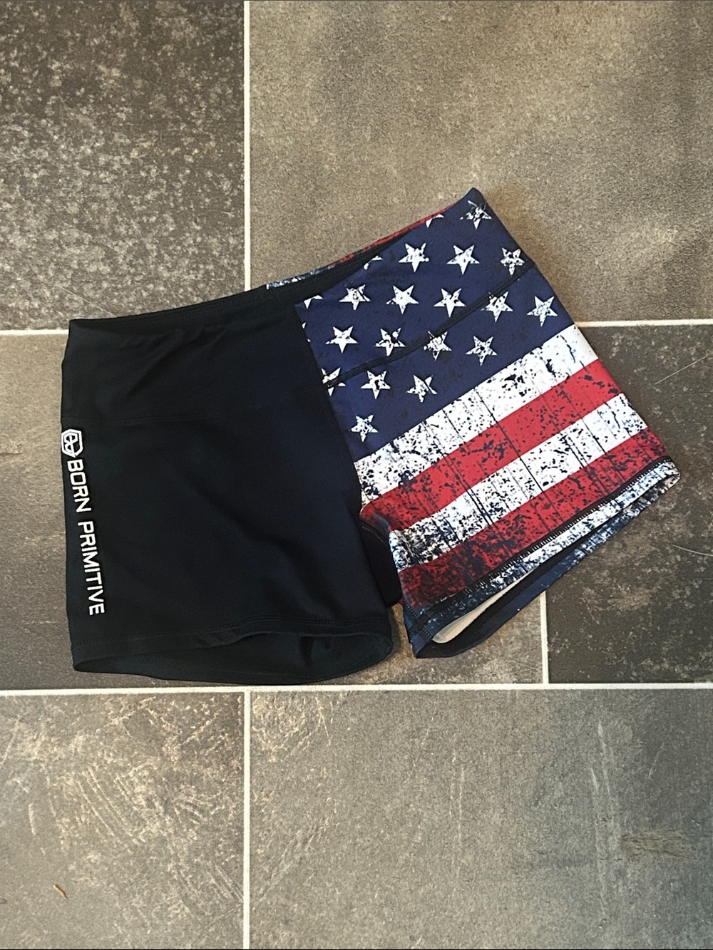 Born Primitive Black Athletic Shorts with Distressed American Flag Panel